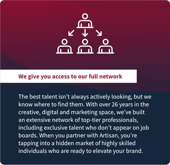 We give you access to our full network: The best talent isn’t always actively looking, but we
know where to find them. With over 26 years in the
creative, digital and marketing space, we’ve built
an extensive network of top-tier professionals,
including exclusive talent who don’t appear on job
boards. When you partner with Artisan, you’re
tapping into a hidden market of highly skilled
individuals who are ready to elevate your brand.